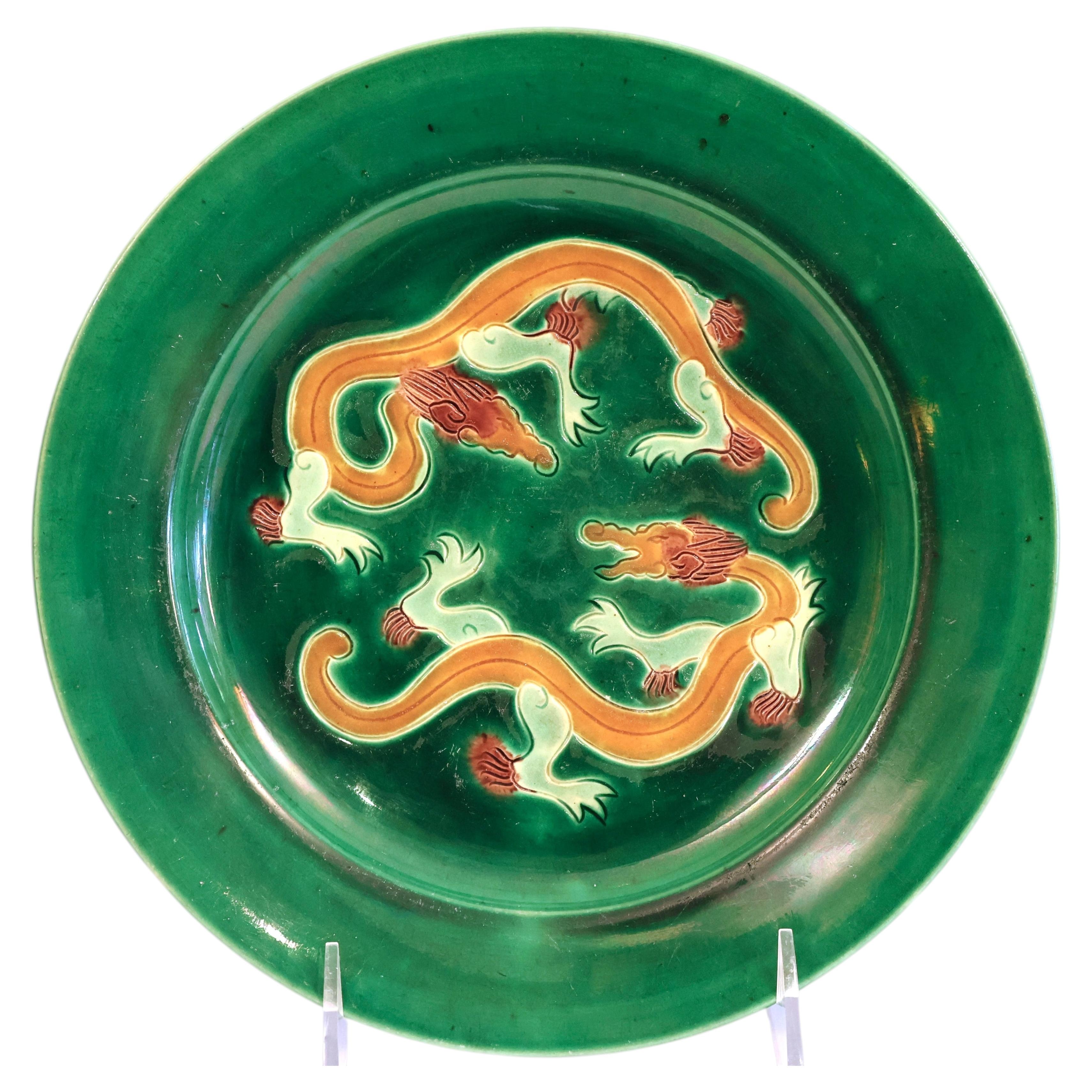 Antiguo Awaji Pottery Dragón Japonés Artes y Oficios Plato Danto Firmado Horno