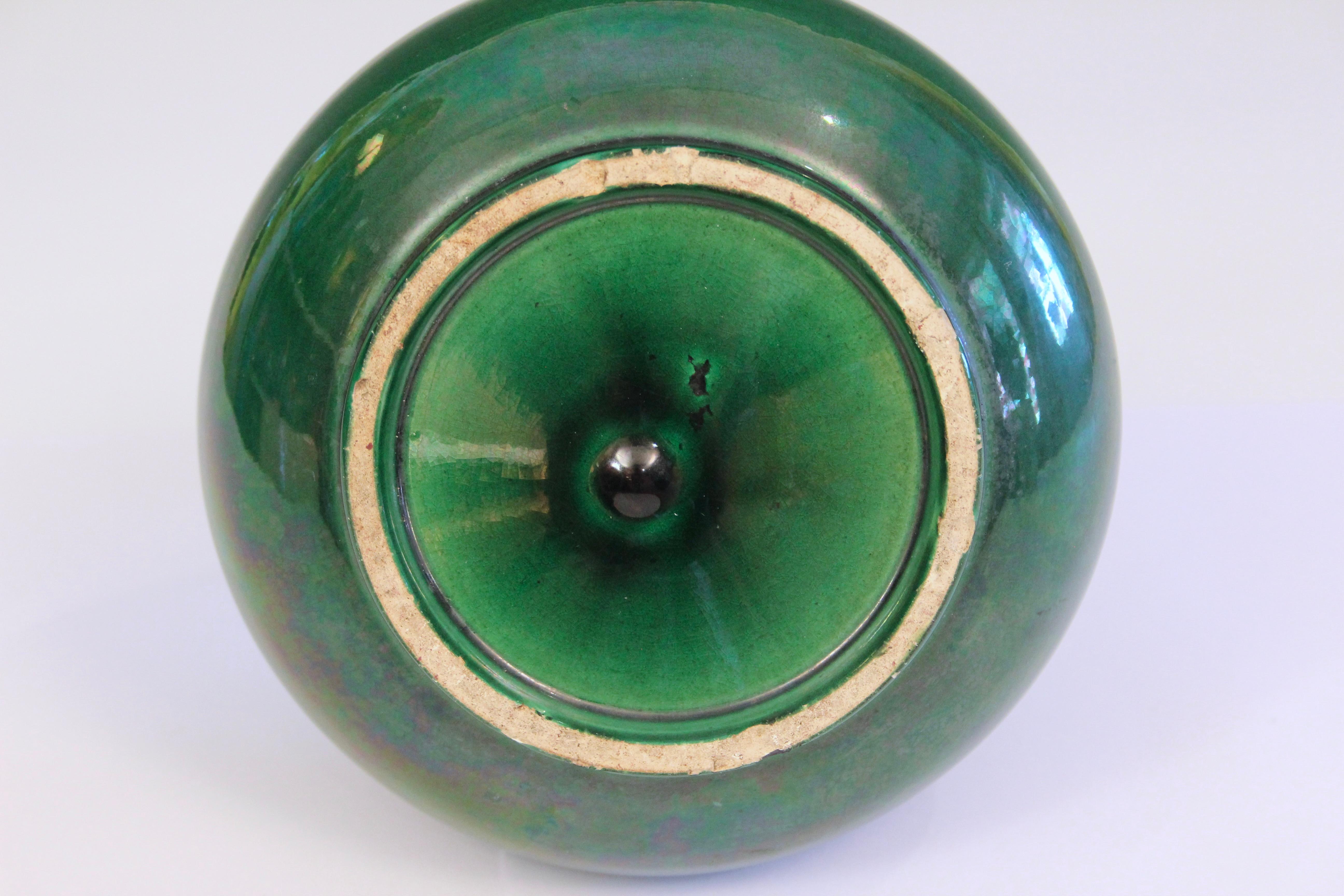 Turned Antique Awaji Pottery Gourd Vase Green Large Monochrome Art Nouveau