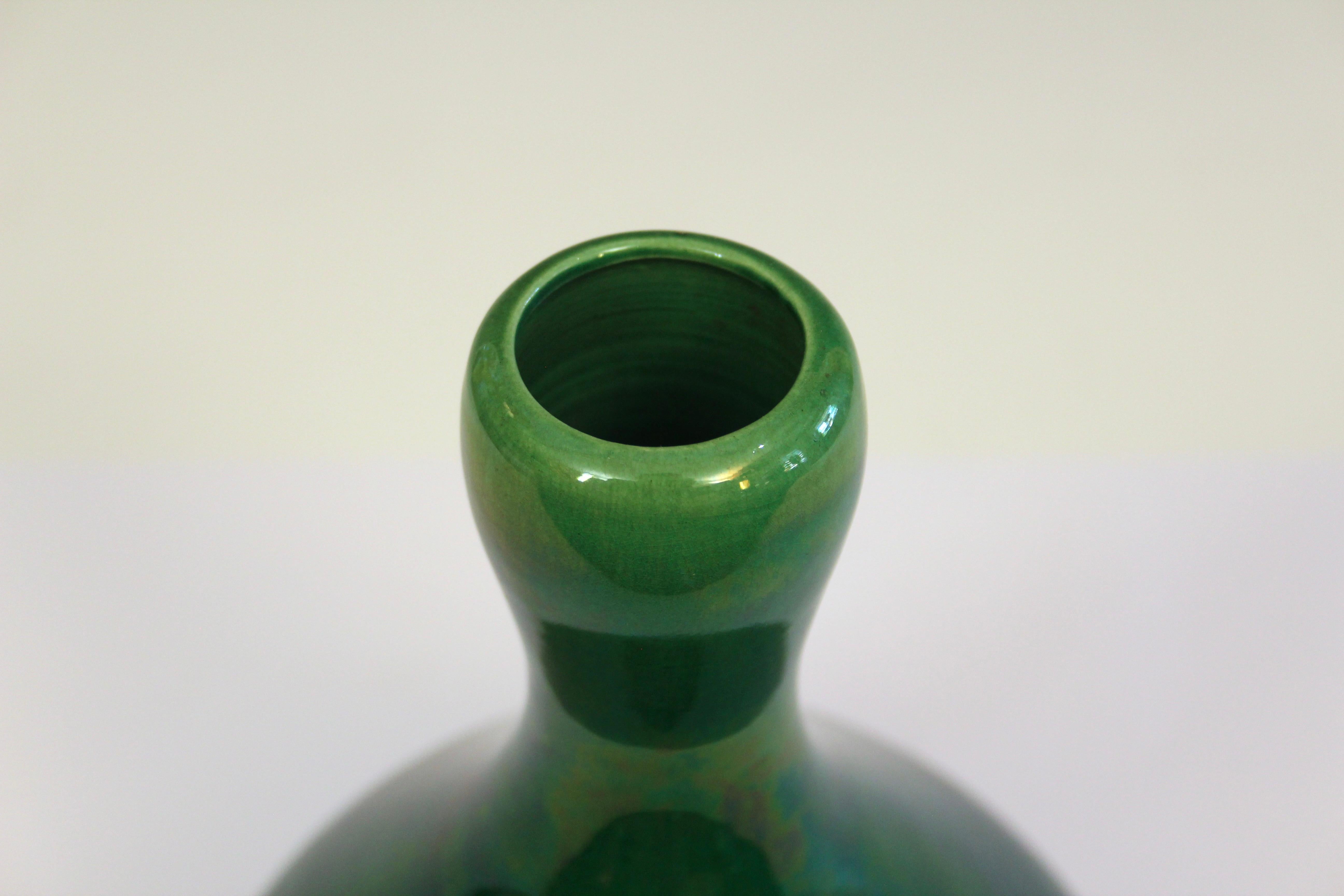 Antique Awaji Pottery Gourd Vase Green Large Monochrome Art Nouveau In Excellent Condition In Wilton, CT