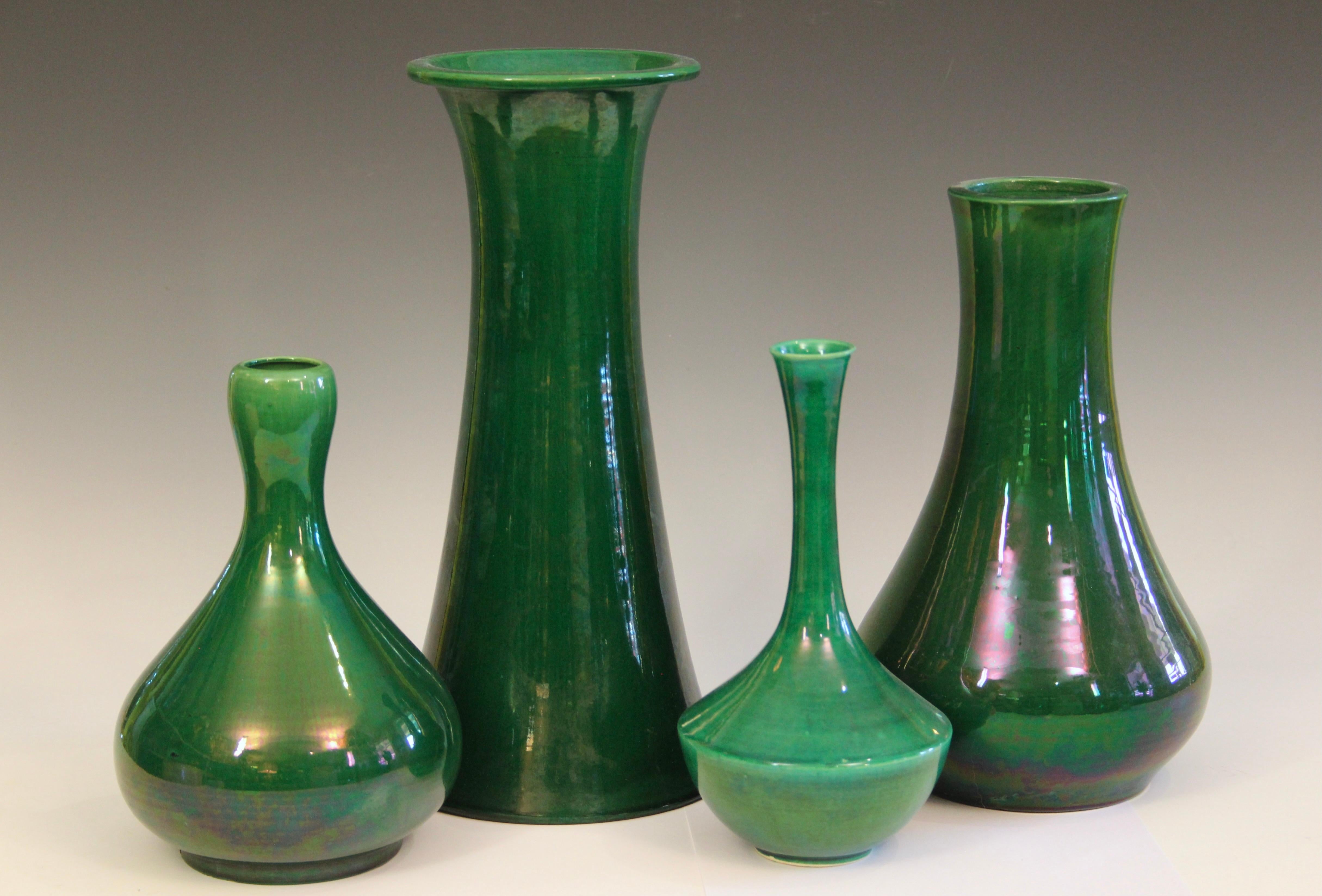 Antique Awaji Pottery Gourd Vase Green Large Monochrome Art Nouveau 1
