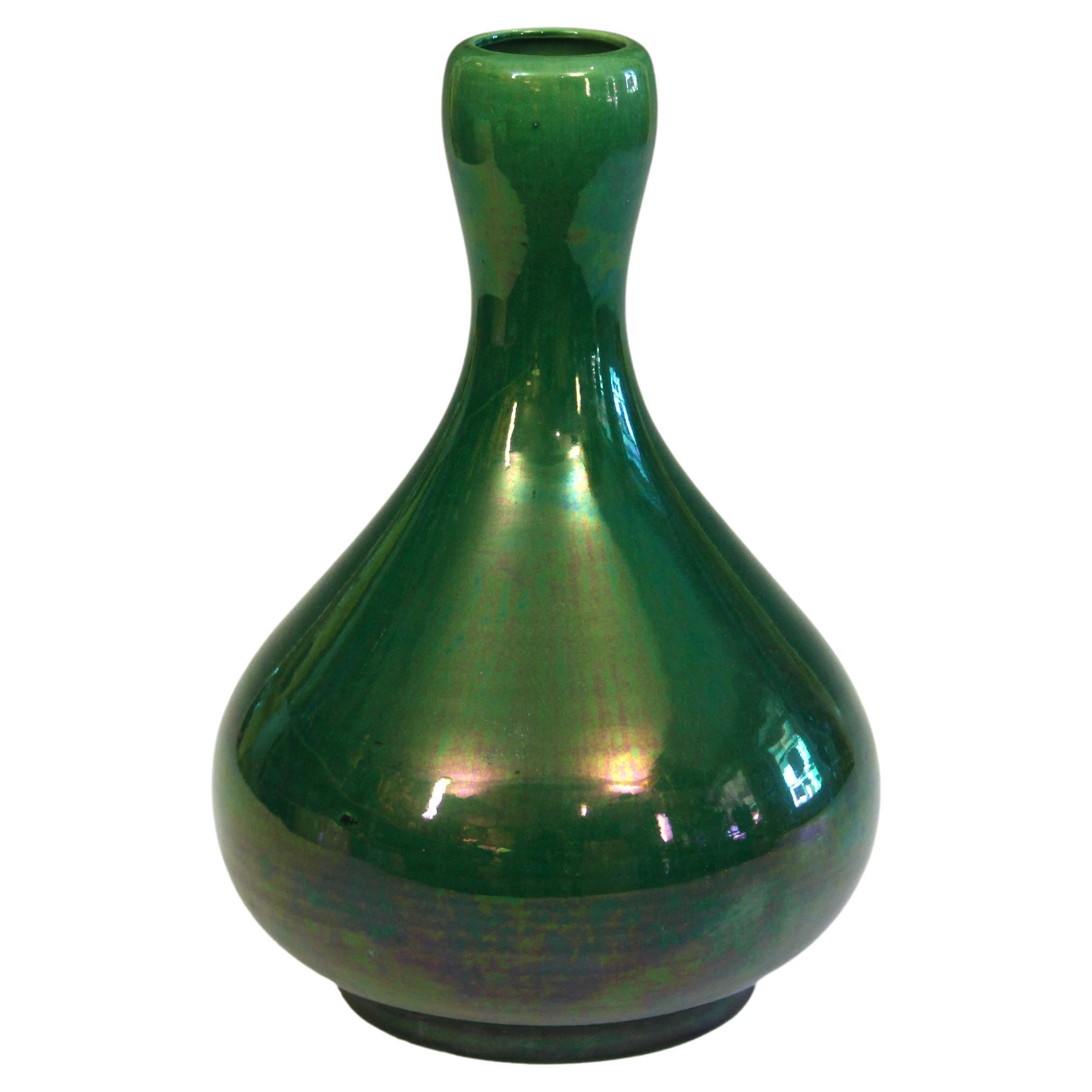 Antique Awaji Pottery Gourd Vase Green Large Monochrome Art Nouveau