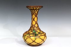 Antique Awaji Pottery Incised Bamboo Vase with Rattan Weaving