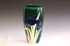 Antique Awaji Pottery Incised Irises Vase Danto Kiln Plover Mark
