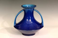 Antique Awaji Pottery Large Blue Strap Handle Vase