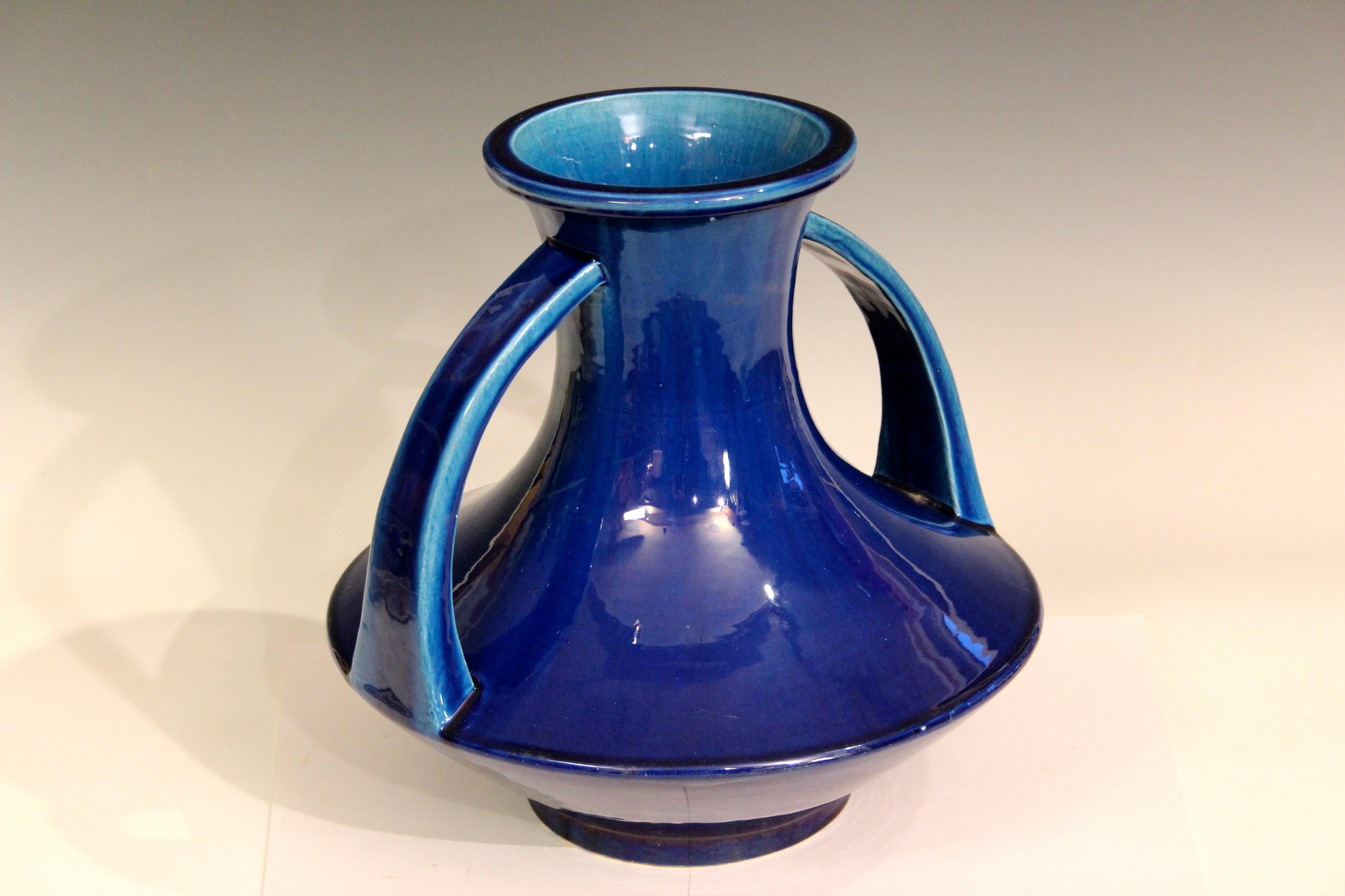 Art Deco Antique Awaji Pottery Large Blue Strap Handle Vase For Sale