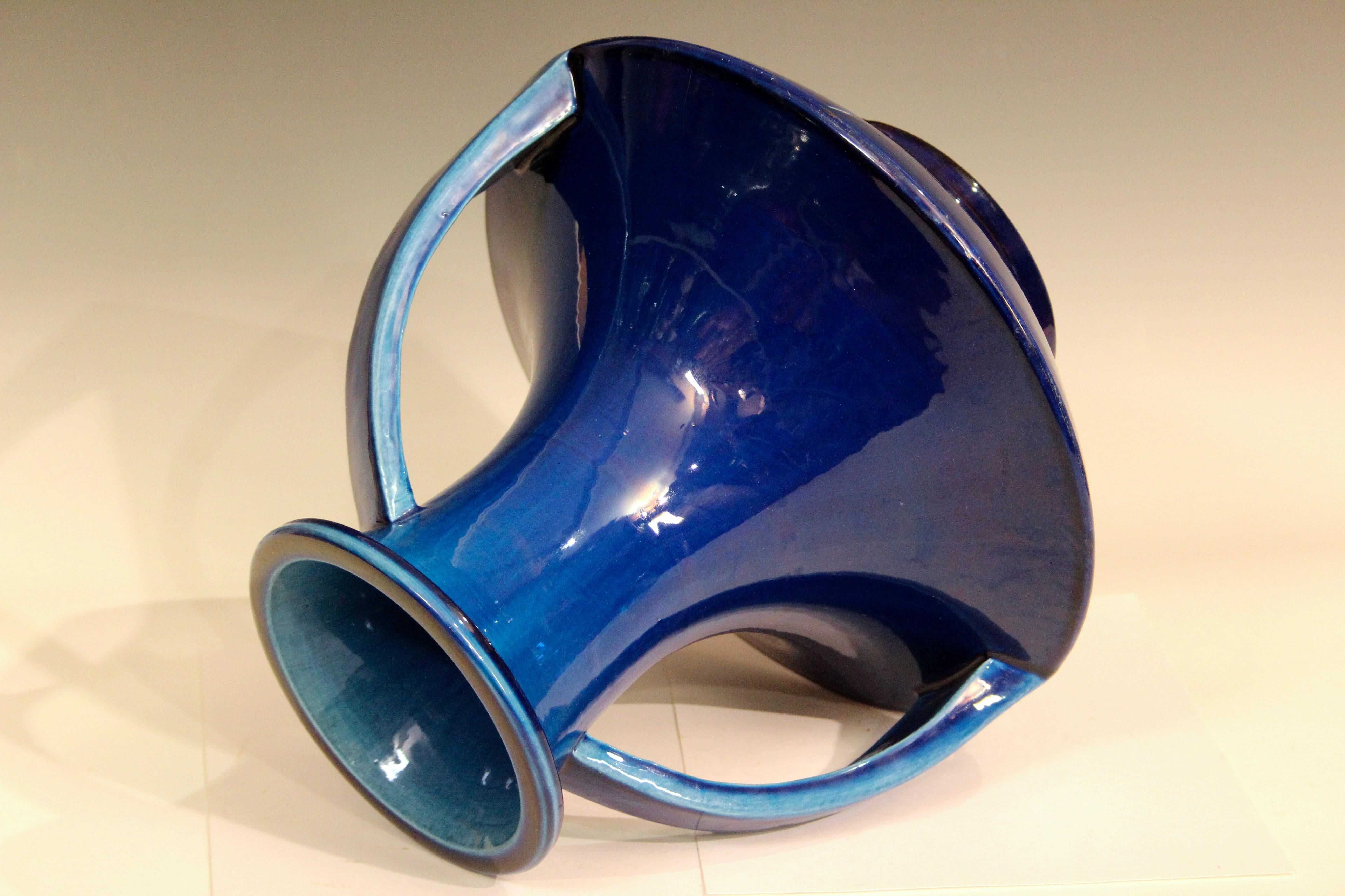 Japanese Antique Awaji Pottery Large Blue Strap Handle Vase For Sale