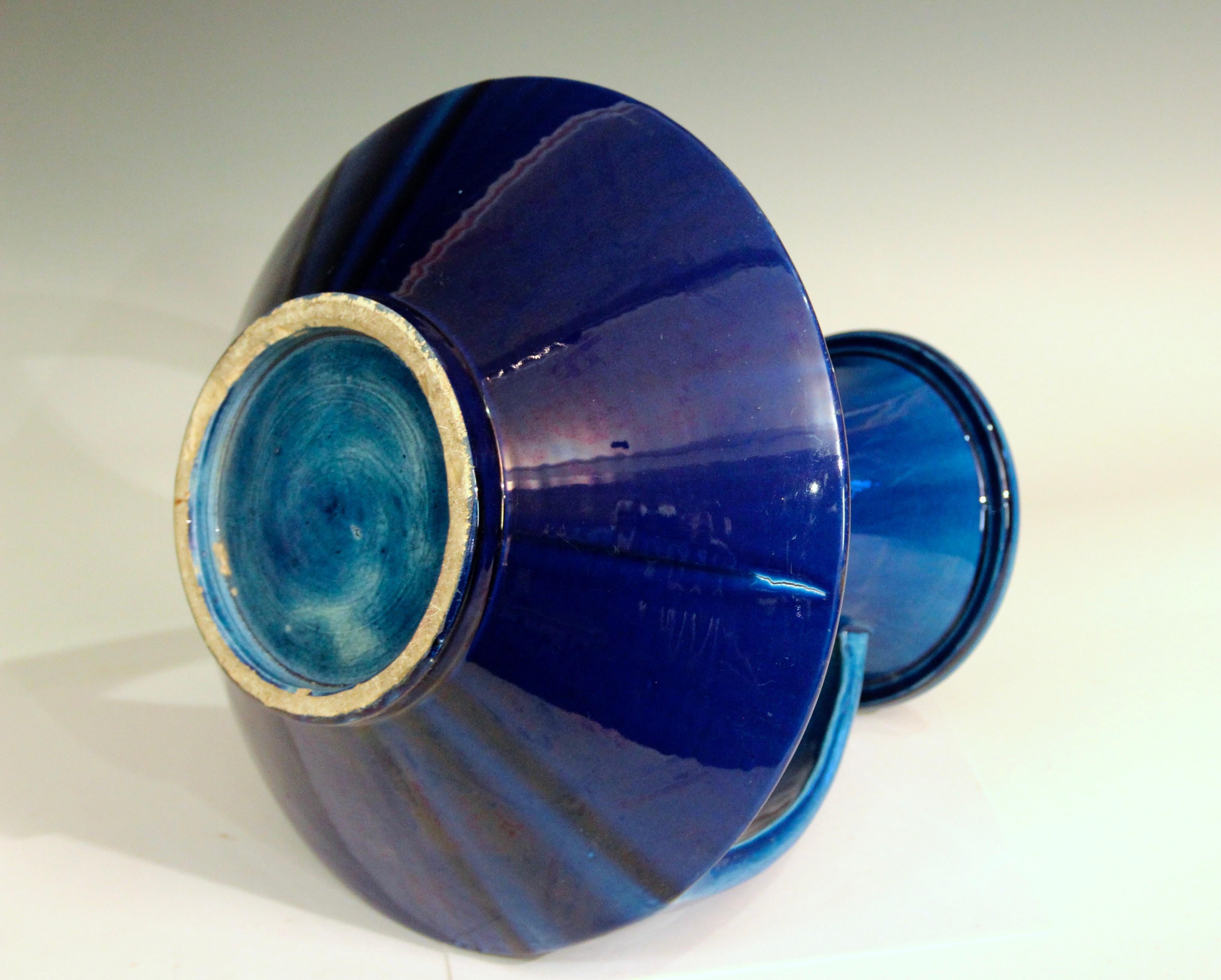 Turned Antique Awaji Pottery Large Blue Strap Handle Vase For Sale
