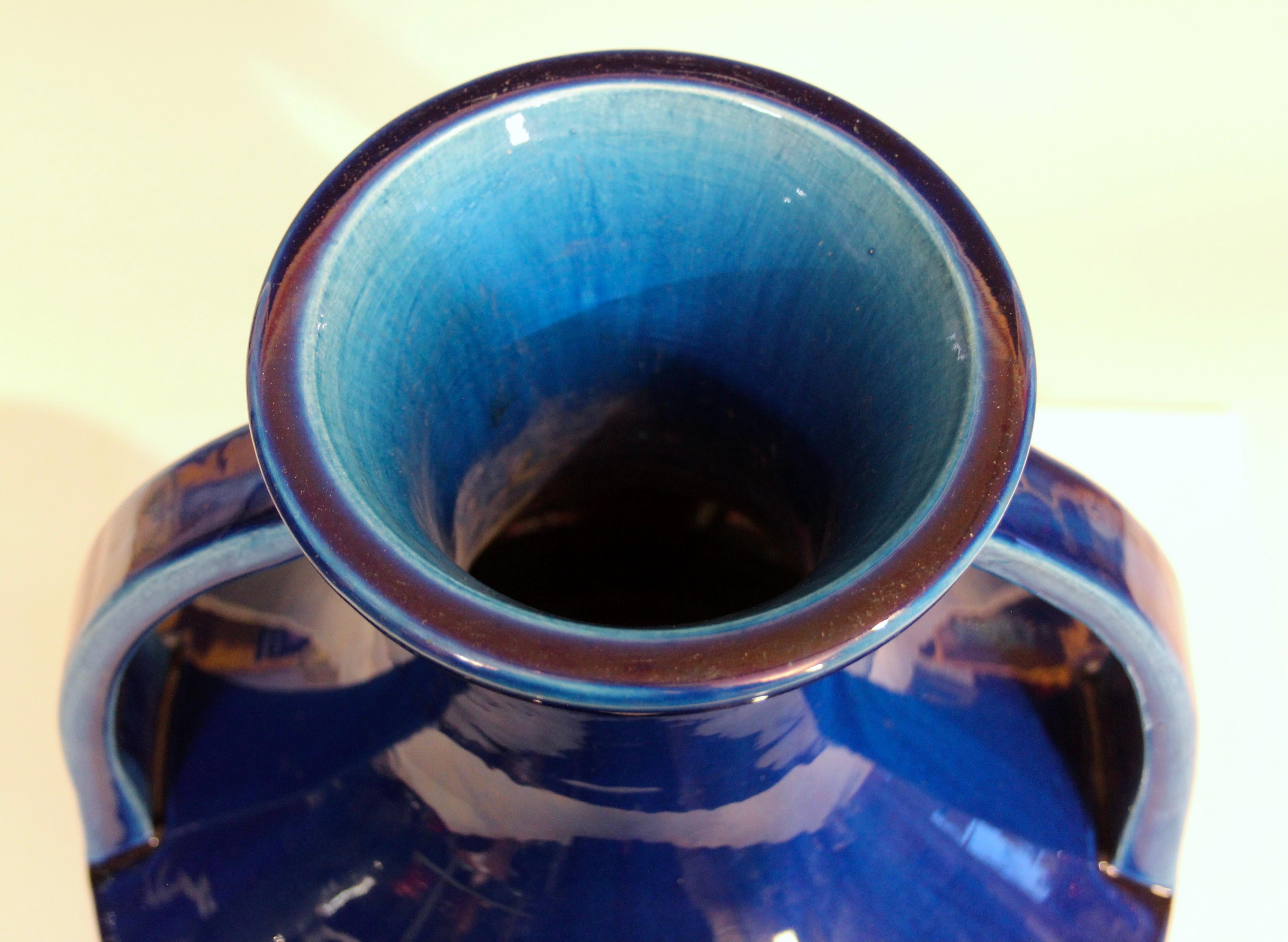 Antique Awaji Pottery Large Blue Strap Handle Vase For Sale 1