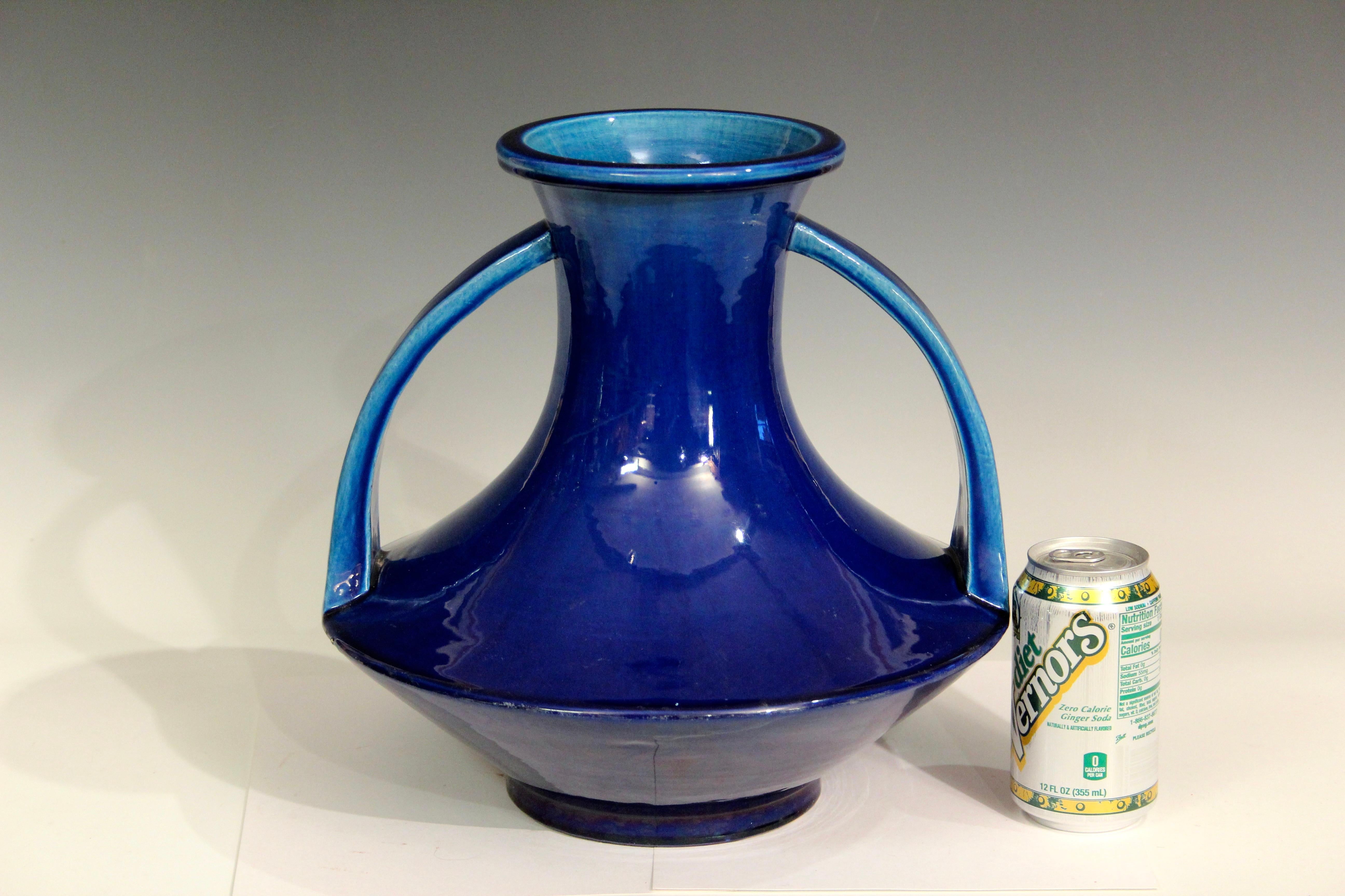 Antique Awaji Pottery Large Blue Strap Handle Vase For Sale 2