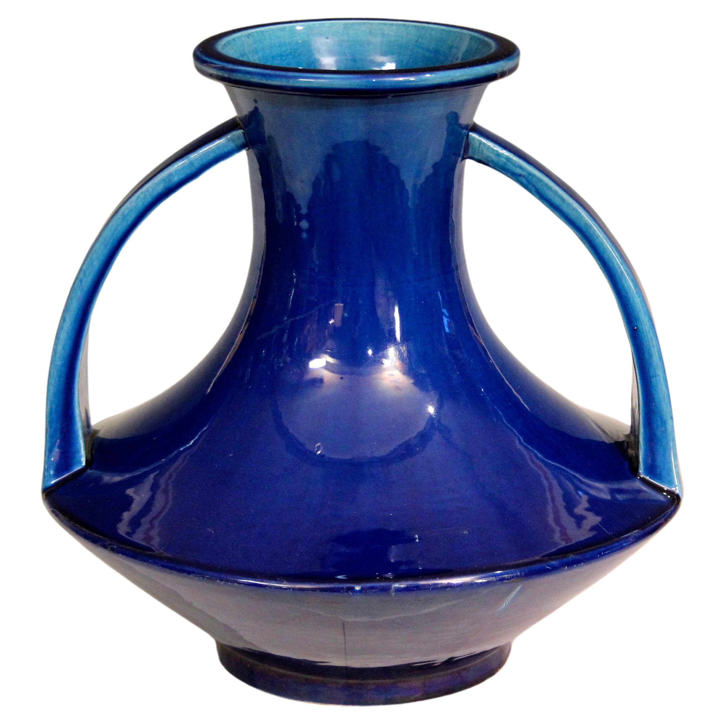 Antique Awaji Pottery Large Blue Strap Handle Vase