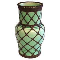 Antique Awaji Pottery Light Green Vase with Brass Weaving