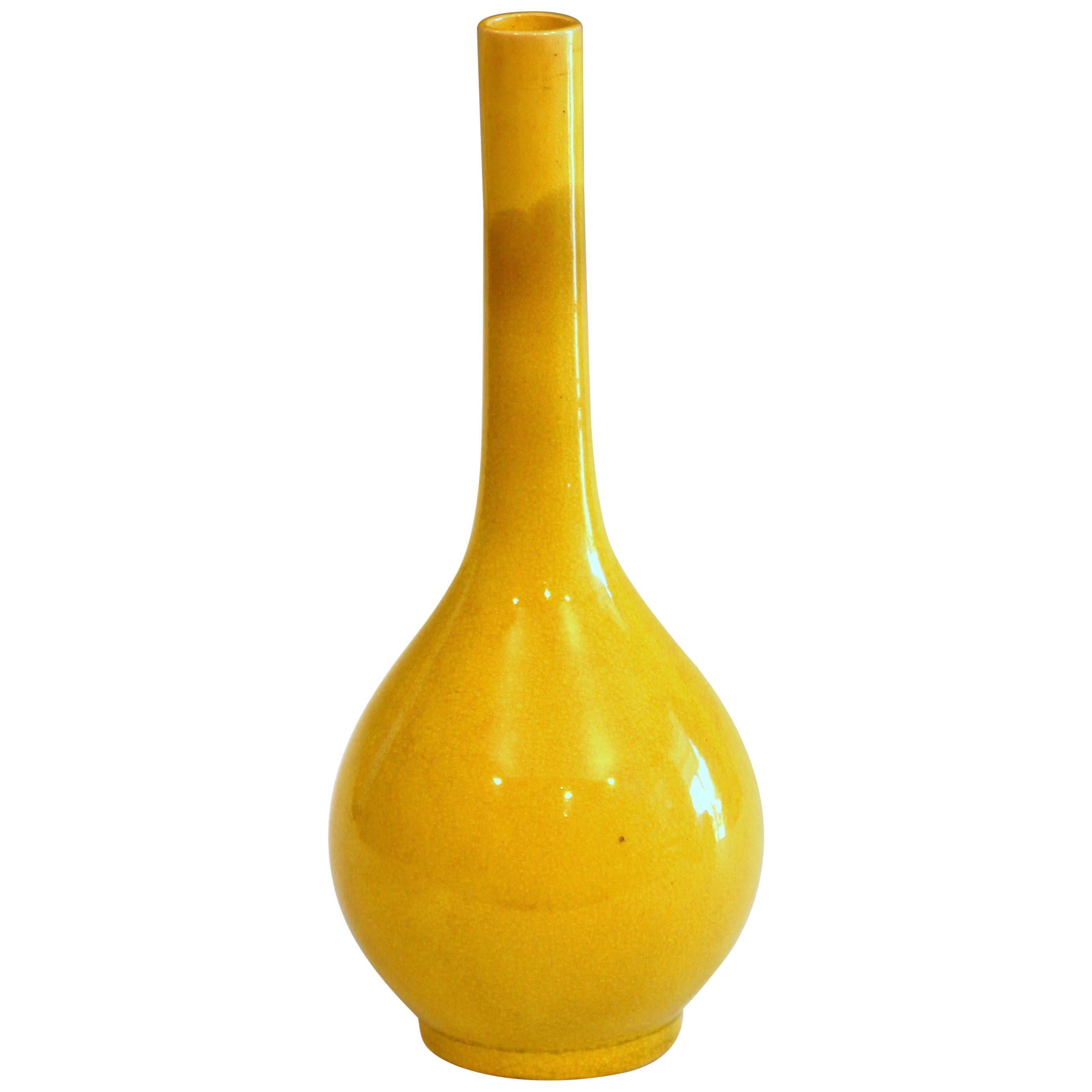 Antique Awaji Pottery Point Bottle Yellow Monochrome Crackle Glaze Vase