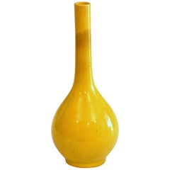 Antique Awaji Pottery Point Bottle Yellow Monochrome Crackle Glaze Vase