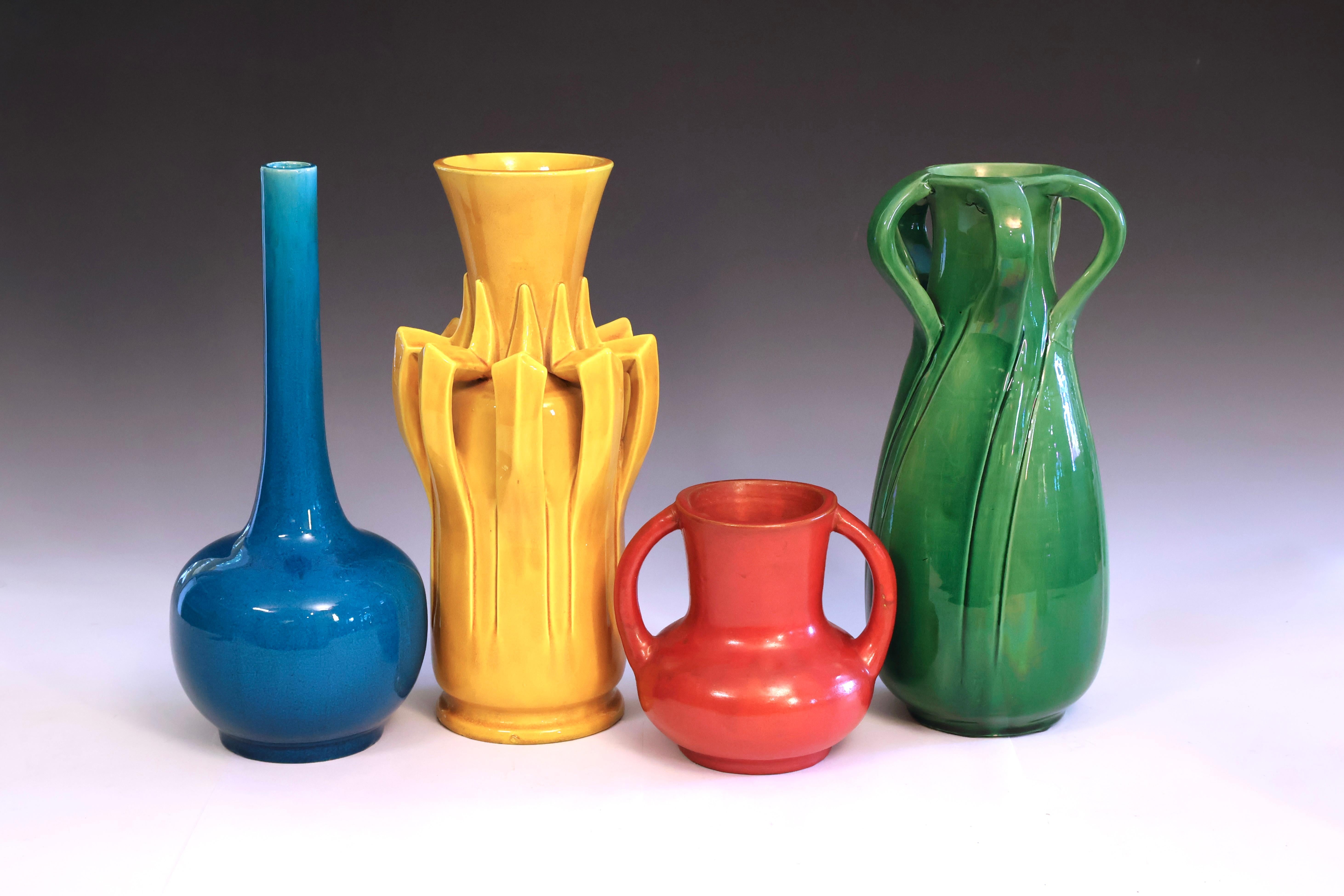 Antique Awaji Pottery Tall Vase with Double Buttress Handles in Deep Green Glaze For Sale 3