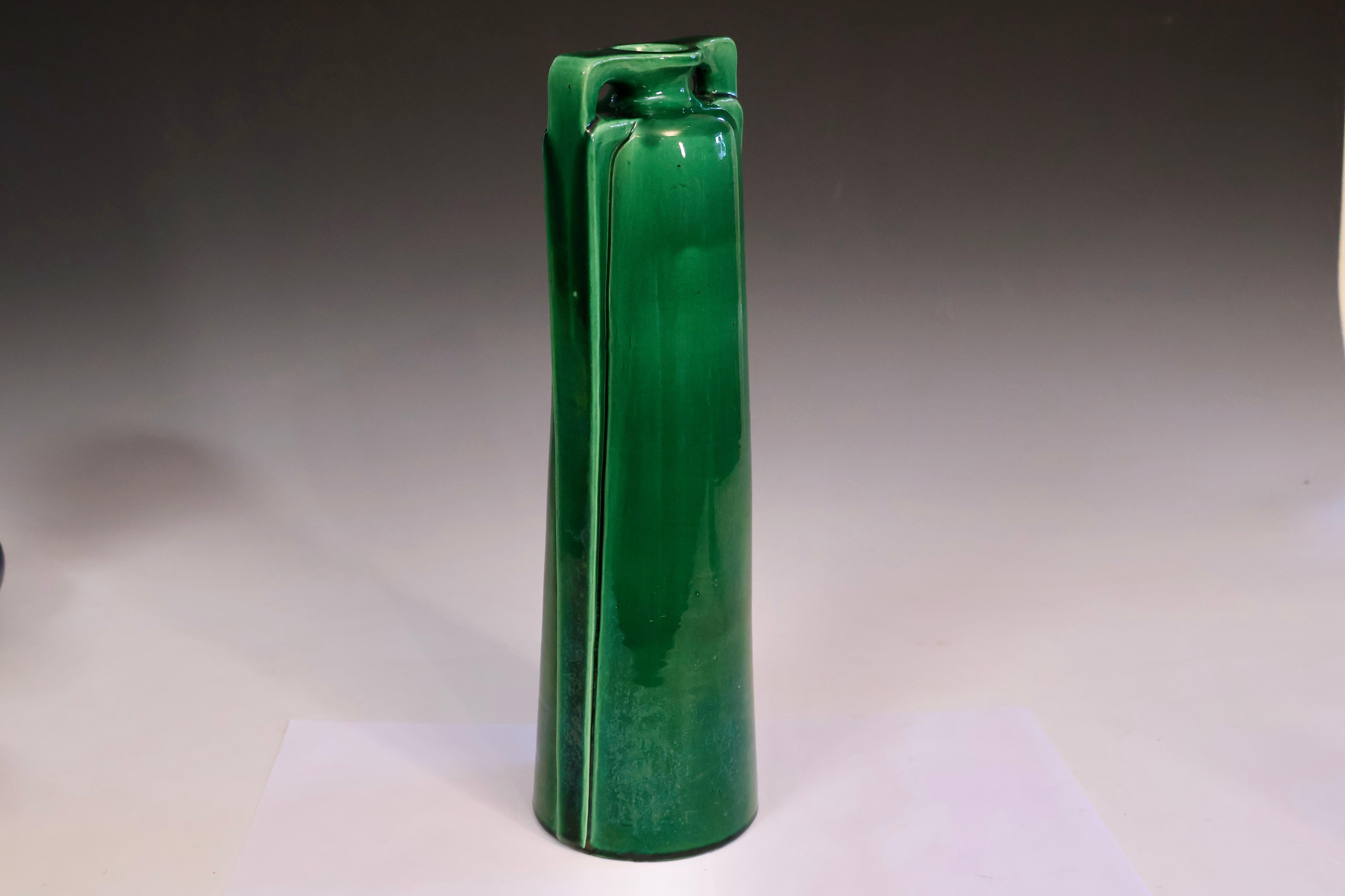 Arts and Crafts Antique Awaji Pottery Tall Vase with Double Buttress Handles in Deep Green Glaze For Sale