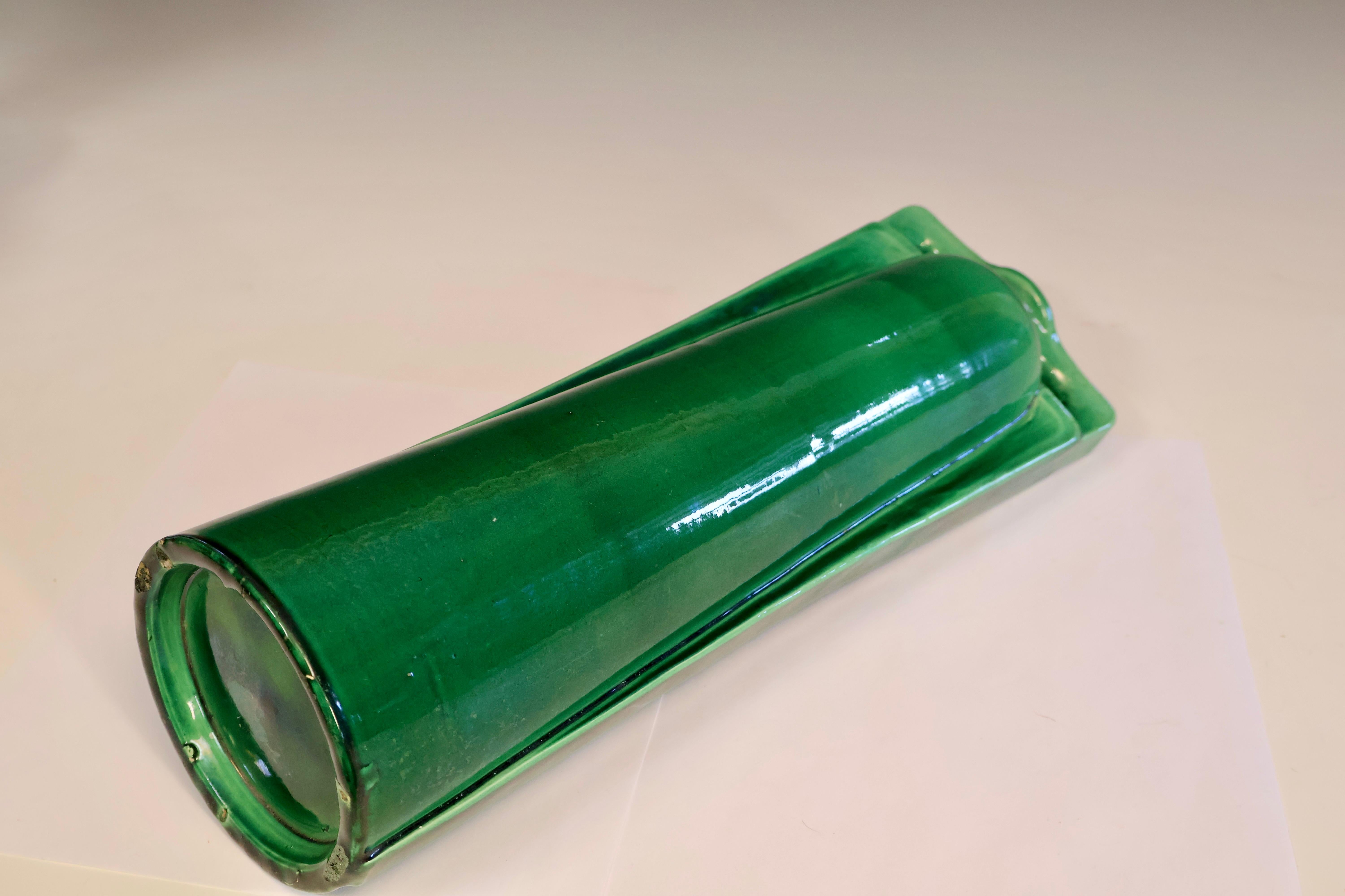 Turned Antique Awaji Pottery Tall Vase with Double Buttress Handles in Deep Green Glaze For Sale