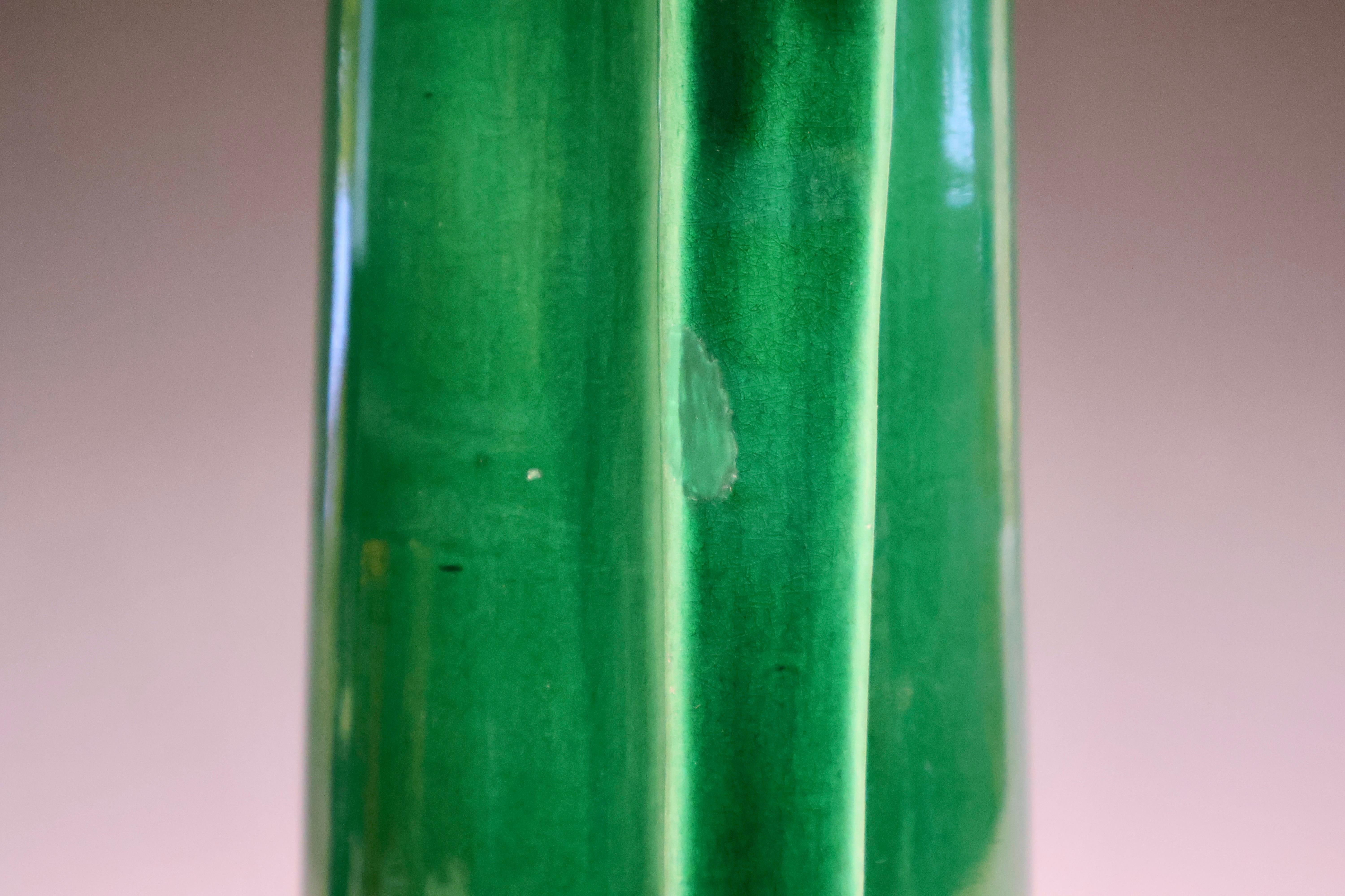 20th Century Antique Awaji Pottery Tall Vase with Double Buttress Handles in Deep Green Glaze For Sale