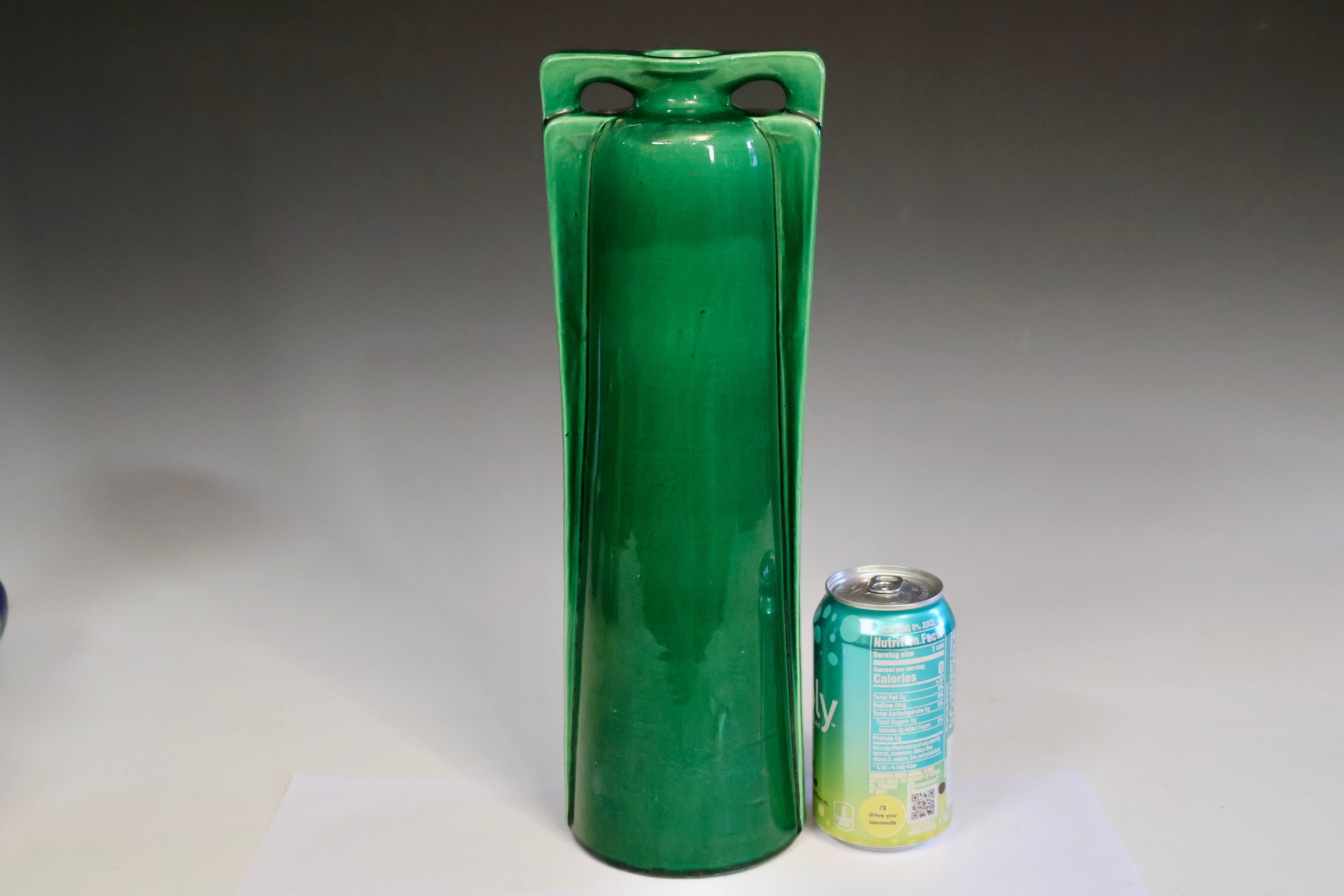 Antique Awaji Pottery Tall Vase with Double Buttress Handles in Deep Green Glaze For Sale 1