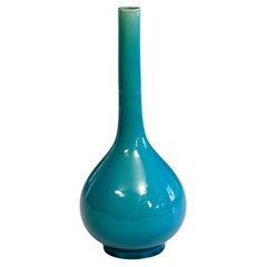 Antique Awaji Pottery Turquoise Crackle Glaze Long Neck Point Bottle Vase