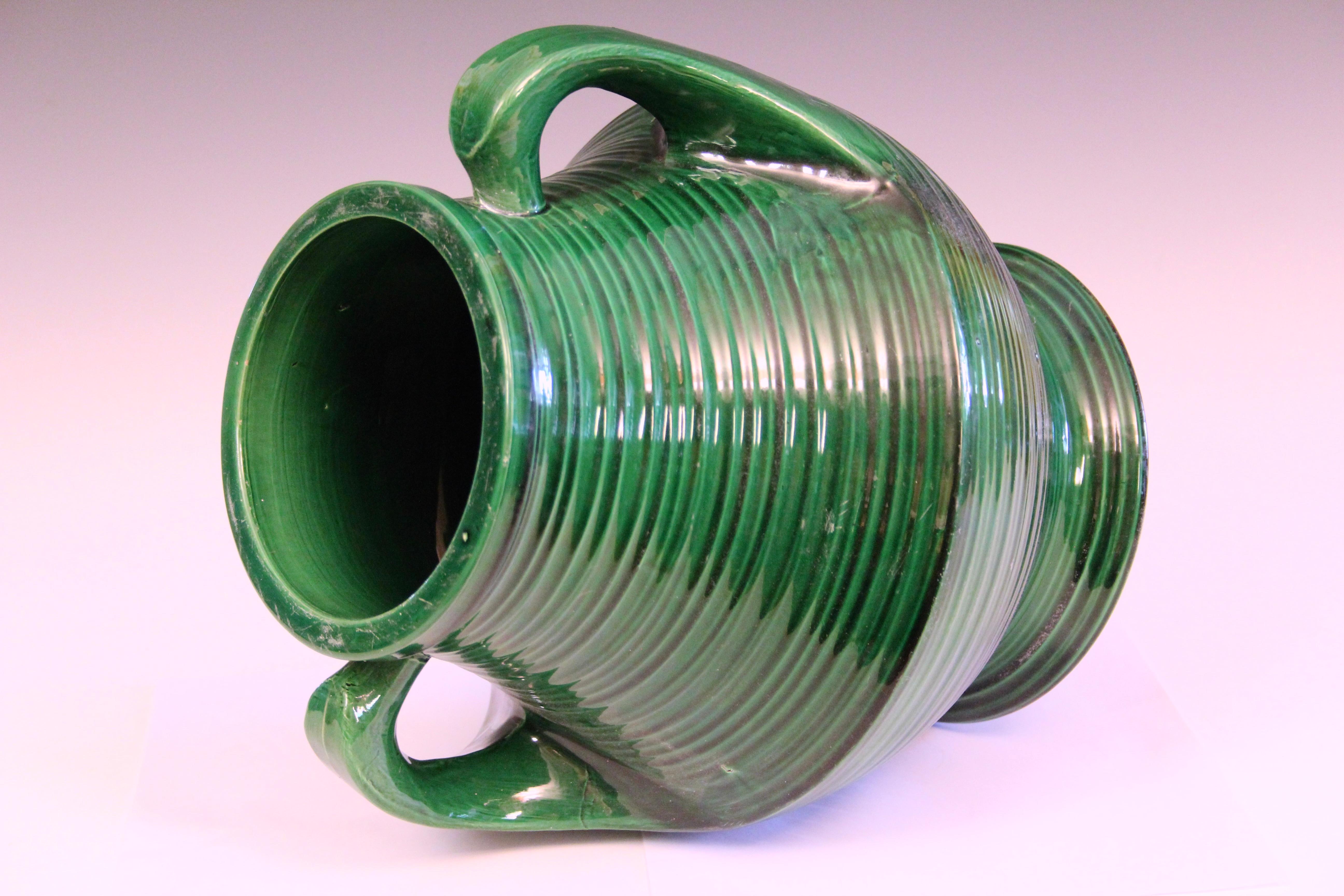 Japanese Antique Awaji Pottery Vase Art Deco Swirl Green Large Monochrome Handles For Sale