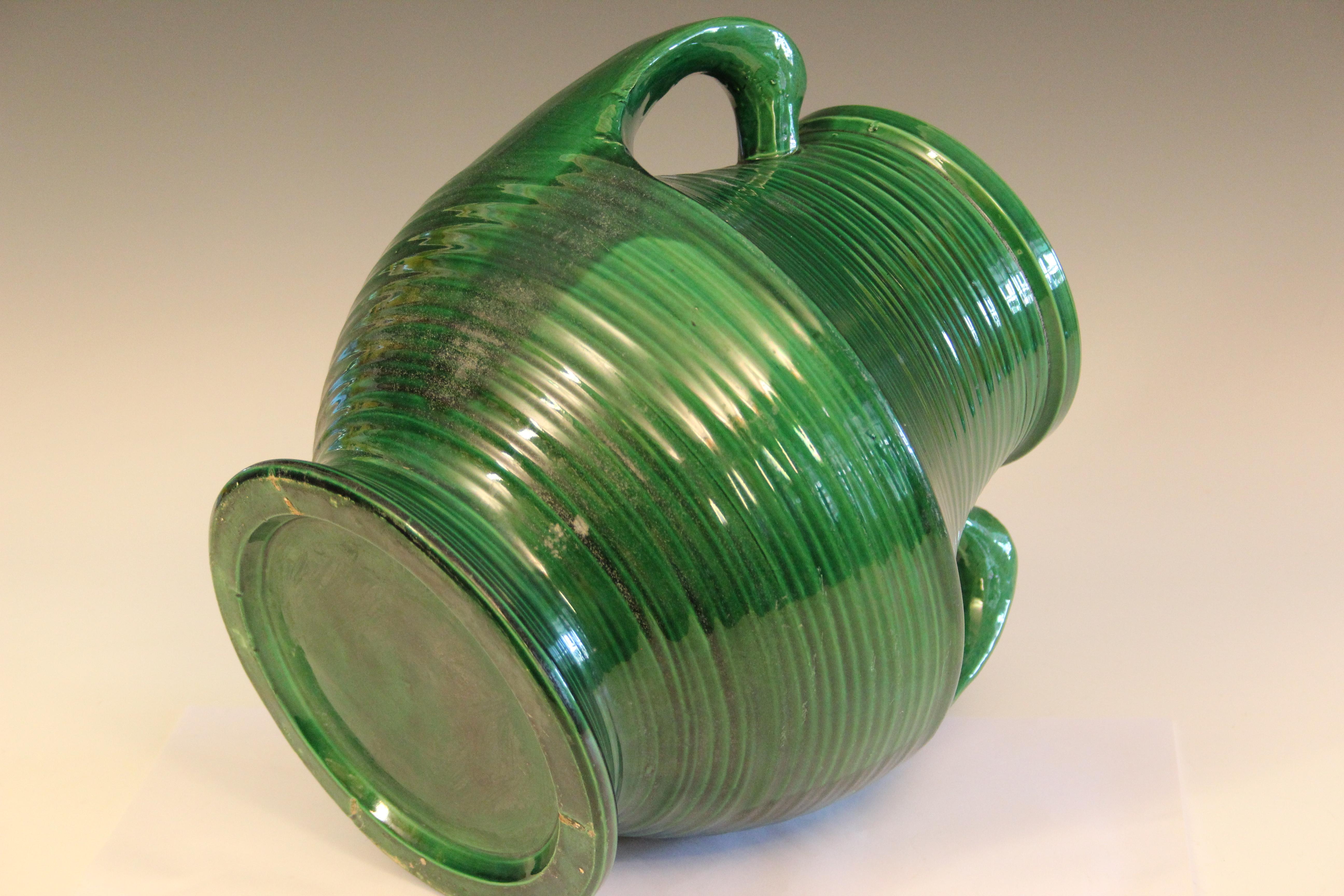 Turned Antique Awaji Pottery Vase Art Deco Swirl Green Large Monochrome Handles For Sale