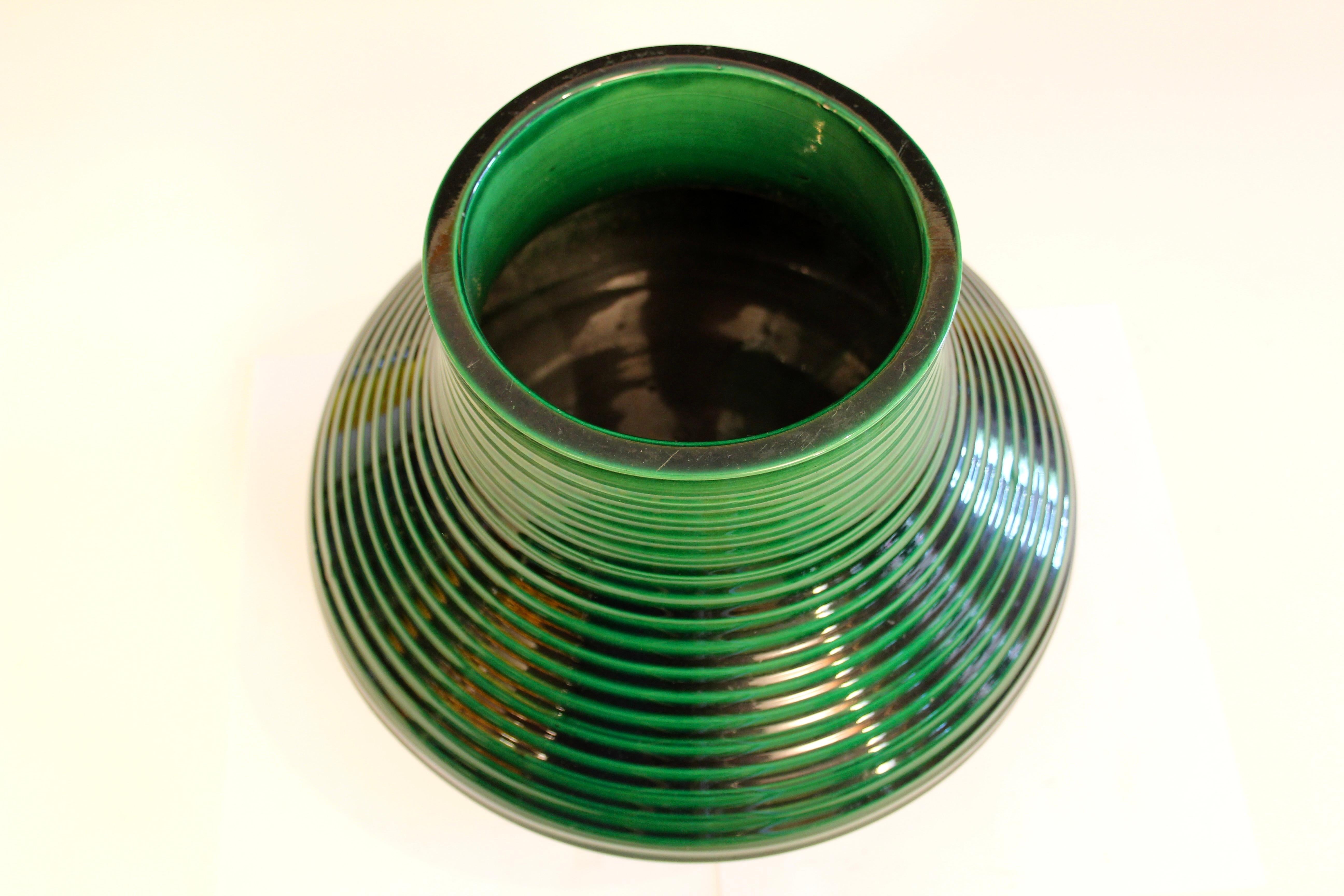 Arts and Crafts Antique Awaji Pottery Vase Swirl Green Large Monochrome Art Nouveau