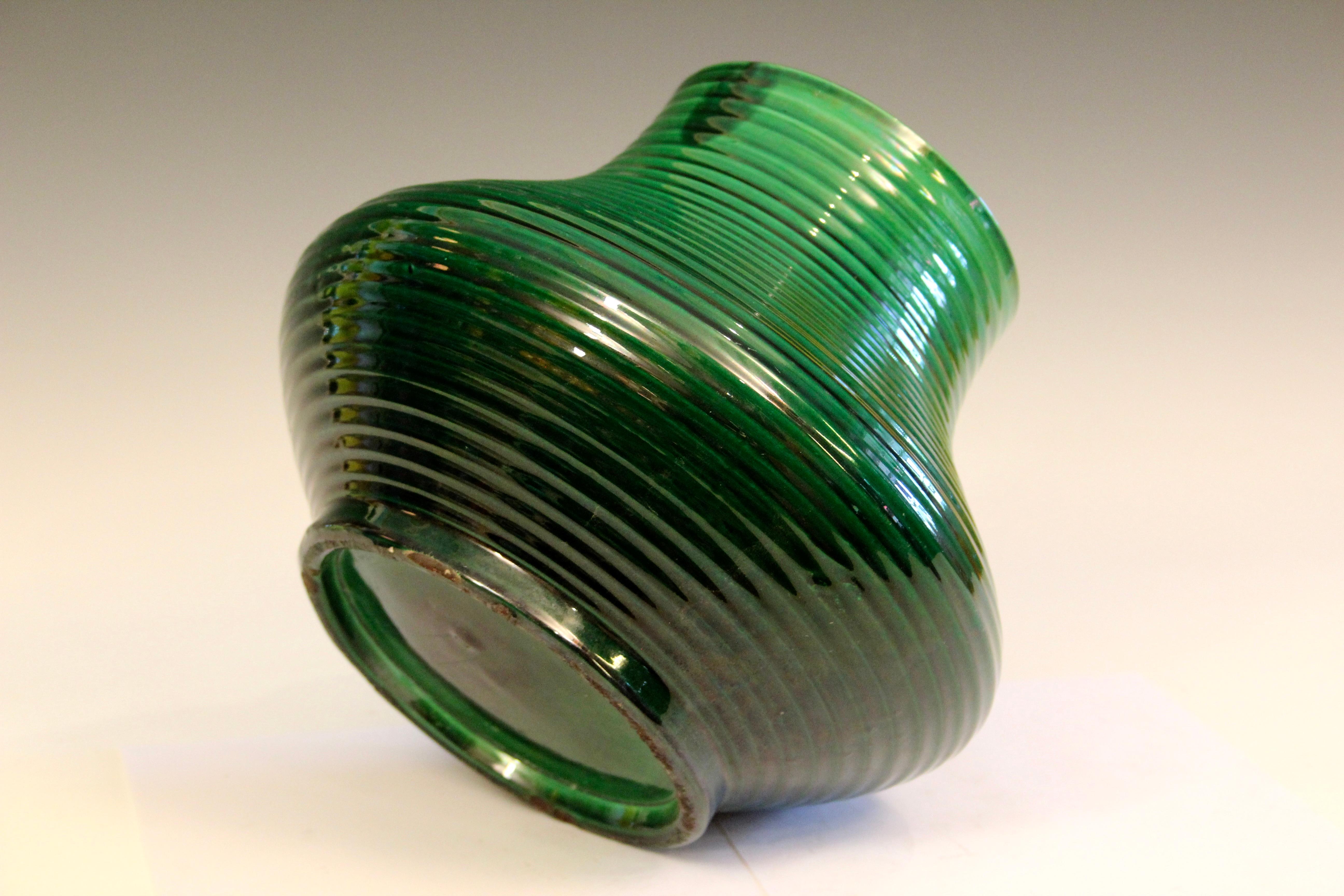 Turned Antique Awaji Pottery Vase Swirl Green Large Monochrome Art Nouveau