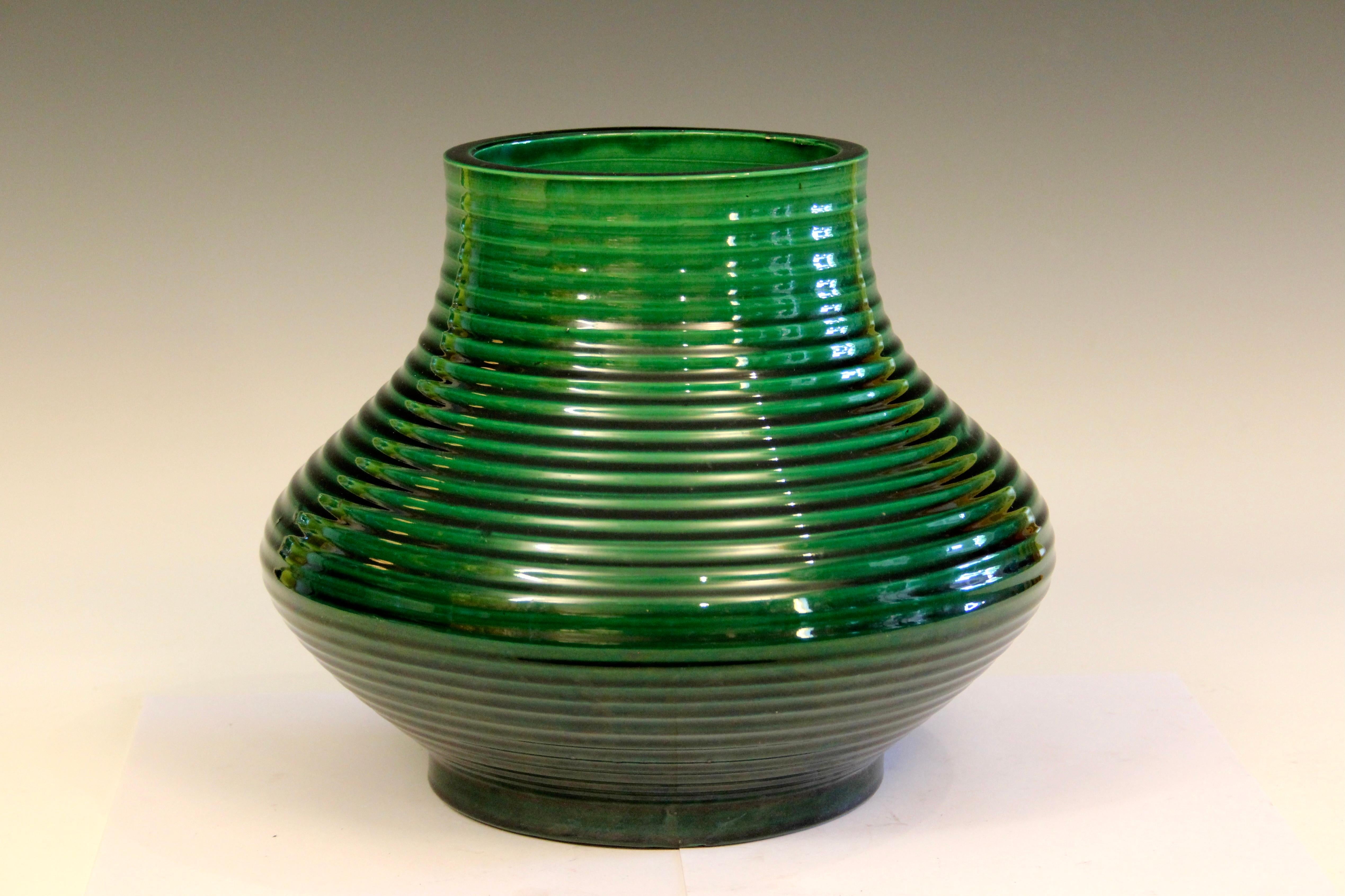 Early 20th Century Antique Awaji Pottery Vase Swirl Green Large Monochrome Art Nouveau