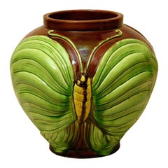 Antique Awaji Pottery Vase with Applied Butterflies