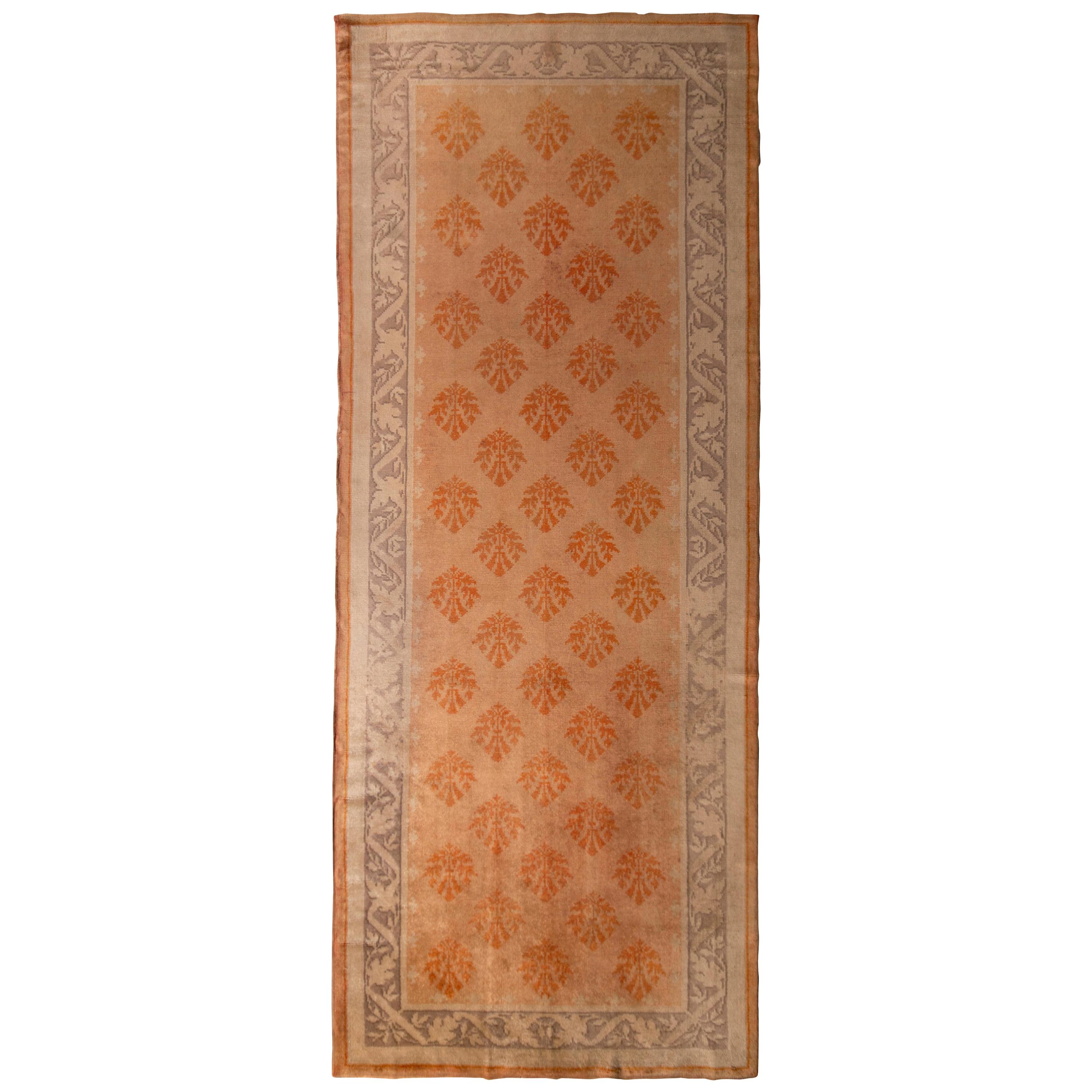 Antique Axminster Rug, Orange Beige Gallery-Size Floral Rug by Rug & Kilim For Sale