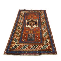 Antique Azarbaijani Kazak Wool 3x5 Rust, Blue & Ivory Handmade Area Rug