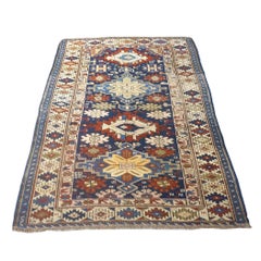Antique Azerbaijani Kazak Wool 4x5 Navy & Ivory Handmade Area Rug