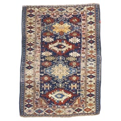 Antique Azerbaijani Kazak Wool 4x5 Navy & Ivory Handmade Area Rug