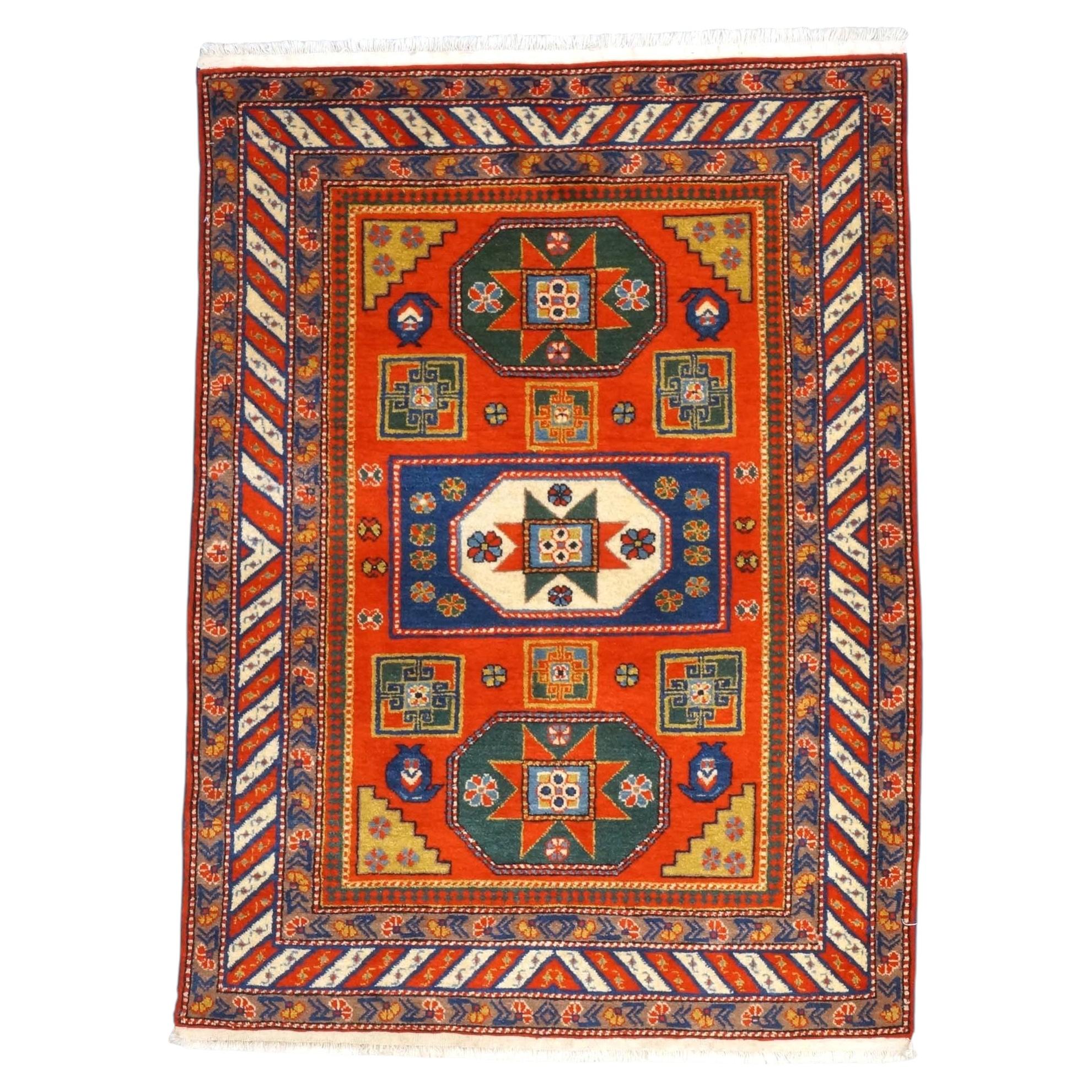 Antique Azarbijiani Kazak Wool 4x5 Orange & Navy Handmade Area Rug