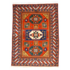 Alfombra antigua Azarbijiani Kazak de lana 4x5 naranja y azul marino hecha a mano