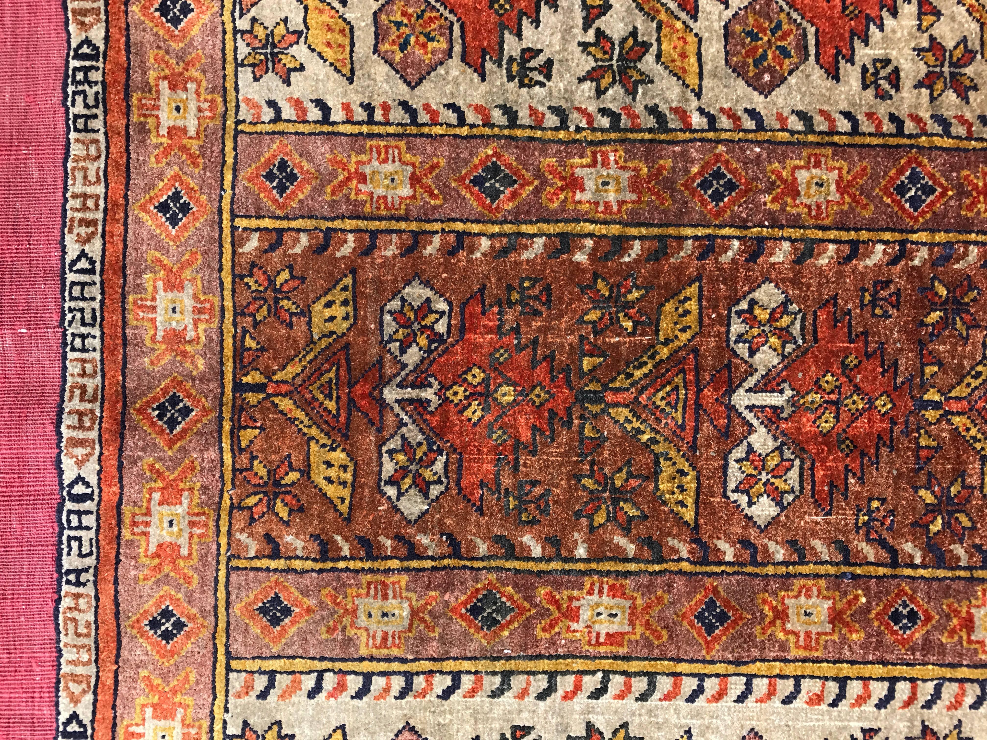 Beautiful antique silk rug from Azerbaijan, with mihrab design as a prayer rug.
Conditions: good
Age: circa 1950.

 