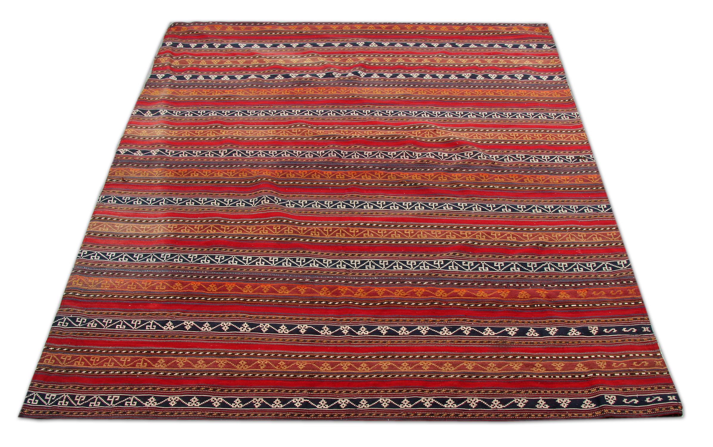 This unique Jajim textile has been woven with a palette of red, orange, black and brown that make up the elegant stripe geometric design. This piece has an elegant color and pattern making it perfect for any home interior.
Constructed with fine,