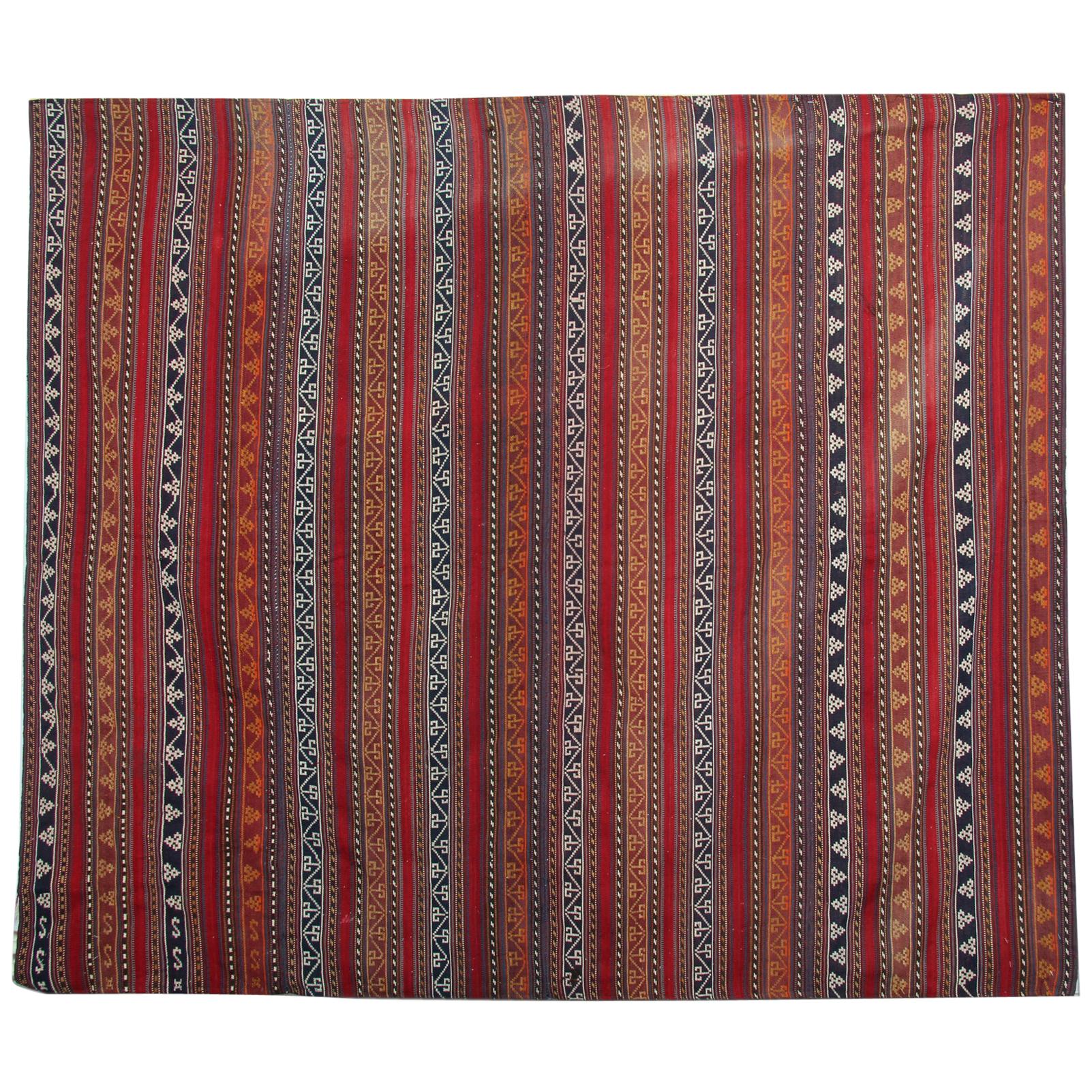 Antique Rugs Azerbaijan Jajim, Orange Red Striped Flat-Weave Rug