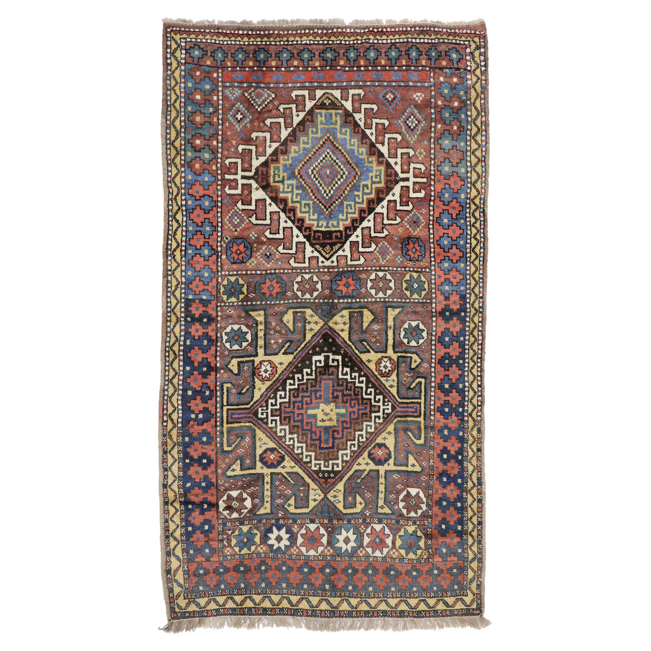 Tappeto antico dell'Azerbaijan con stile tribale