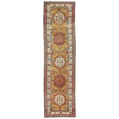 Antique Azerbaijan Runner Rug with Red & Ivory Tribal Medallions on Beige Field