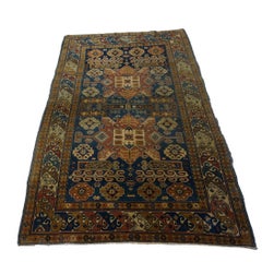 Antique Azerbaijani Kazak Wool 3x5 Taupe, Navy & Rust Handmade Area Rug