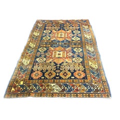 Antique Azerbaijani Kazak Wool 3x5 Taupe, Navy & Rust Handmade Area Rug