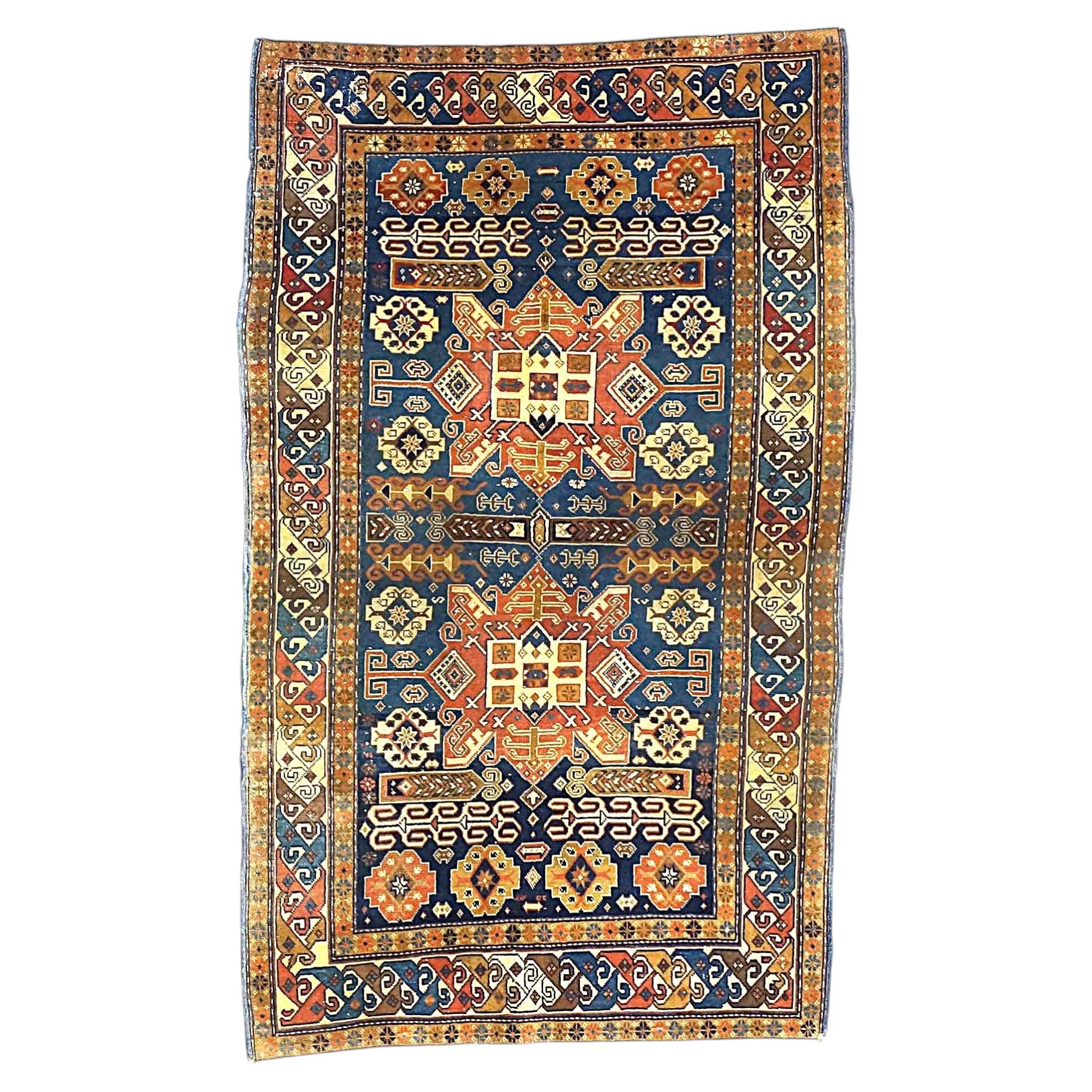 Antique Azerbaijani Kazak Wool 3x5 Taupe, Navy & Rust Handmade Area Rug
