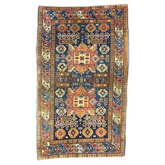 Antique Azerbaijani Kazak Wool 3x5 Taupe, Navy & Rust Handmade Area Rug