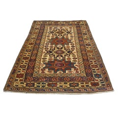 Antique Azerbaijani Shirvan Wool 4x5 Ivory, Blue & Rust Handmade Area Rug
