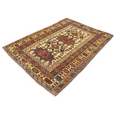 Antique Azerbaijani Shirvan Wool 4x5 Ivory, Blue & Rust Handmade Area Rug