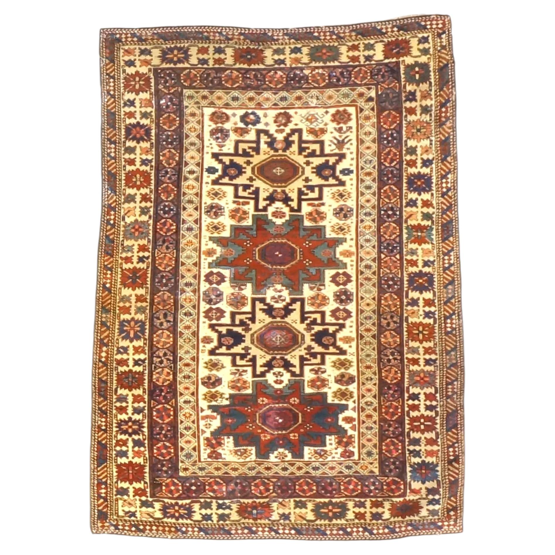 Antique Azerbaijani Shirvan Wool 4x5 Ivory, Blue & Rust Handmade Area Rug For Sale