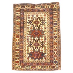 Antique Azerbaijani Shirvan Wool 4x5 Ivory, Blue & Rust Handmade Area Rug