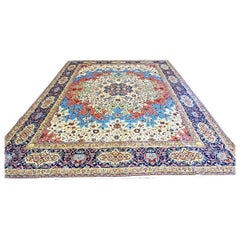 Antique Azerbaijani Tabriz Wool 10X13 Ivory, Blue & Salmon Handmade Area Rug