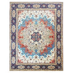 Antique Azerbaijani Tabriz Wool 10X13 Ivory, Blue & Salmon Handmade Area Rug